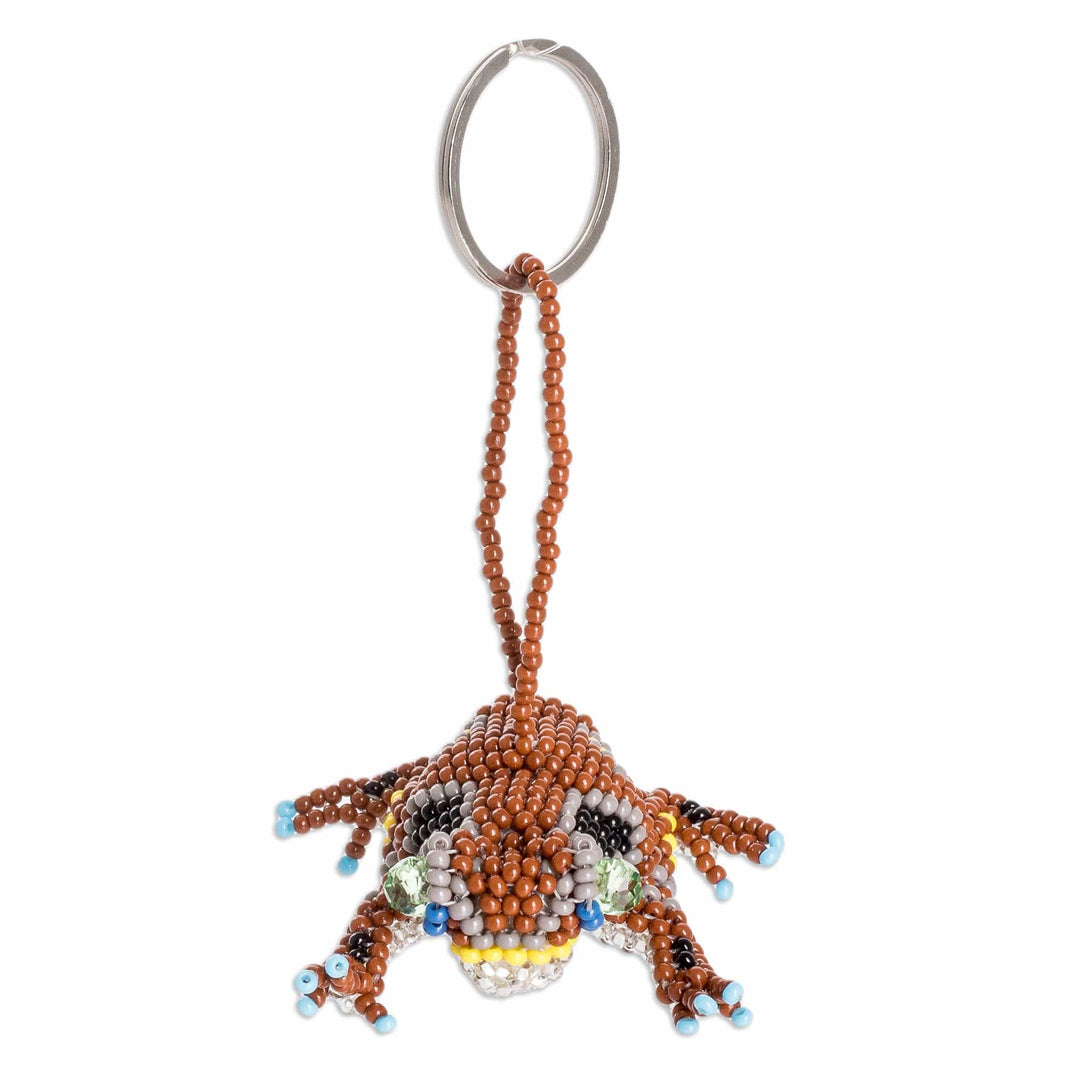 Handcrafted Glass Beaded Frog Keychain in Brown Hues - Leaping Brown
