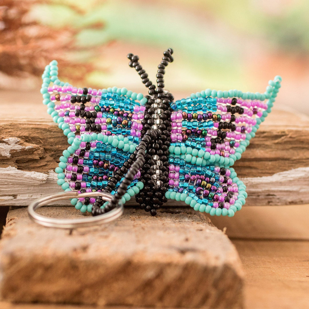 Turquoise and Purple Glass Beaded Butterfly Keychain - Sweet Hopes