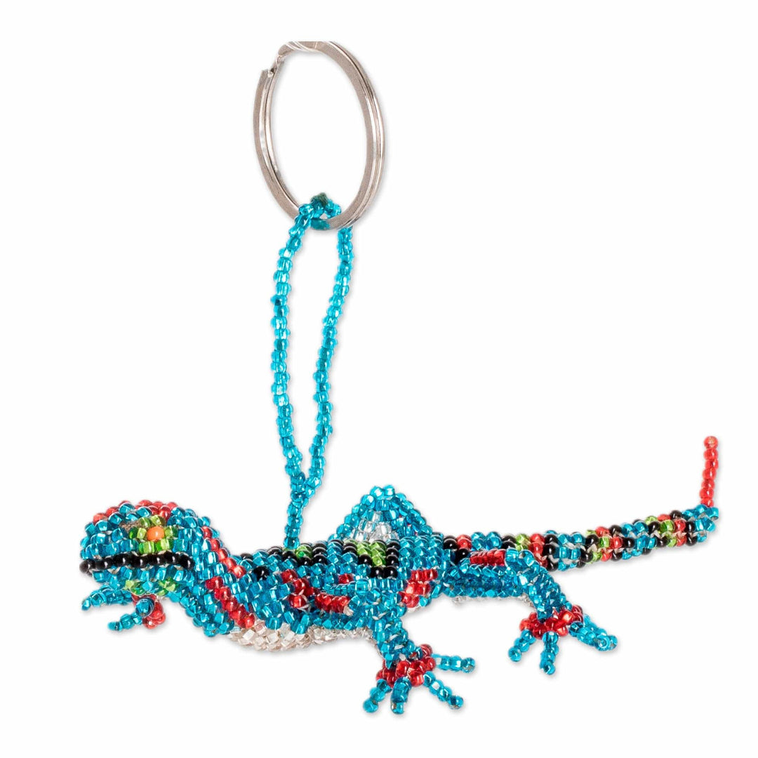 Handcrafted Glass Beaded Lizard Keychain in Turquoise Hues - The Dreamy Lizard
