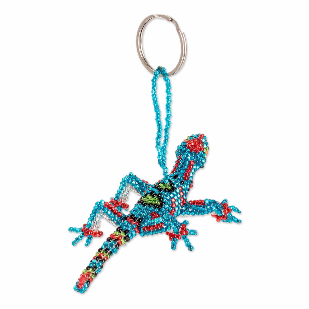 Handcrafted Glass Beaded Lizard Keychain in Turquoise Hues - The Dreamy Lizard