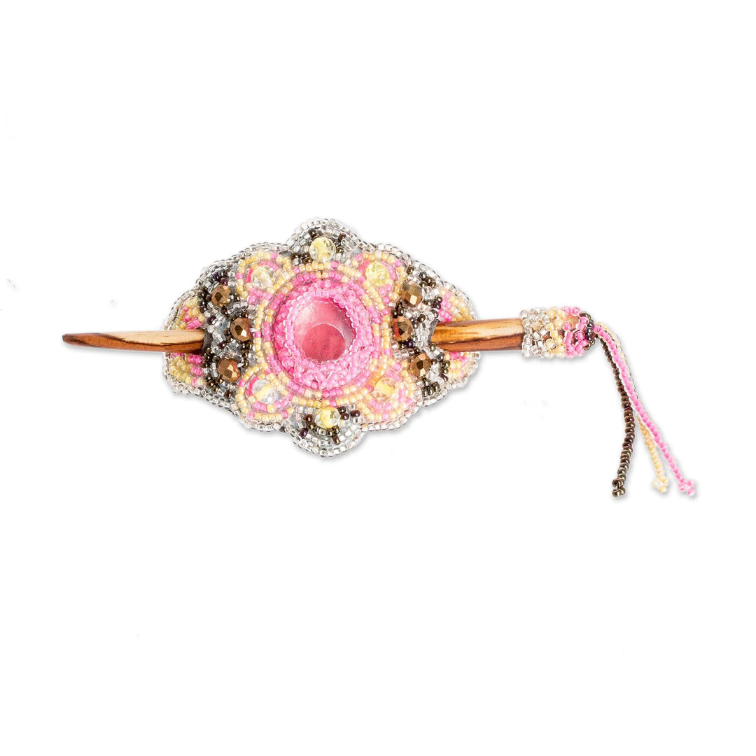 Handcrafted Pink and Yellow Glass Beaded Hairpin - Eden's Pink Beauty