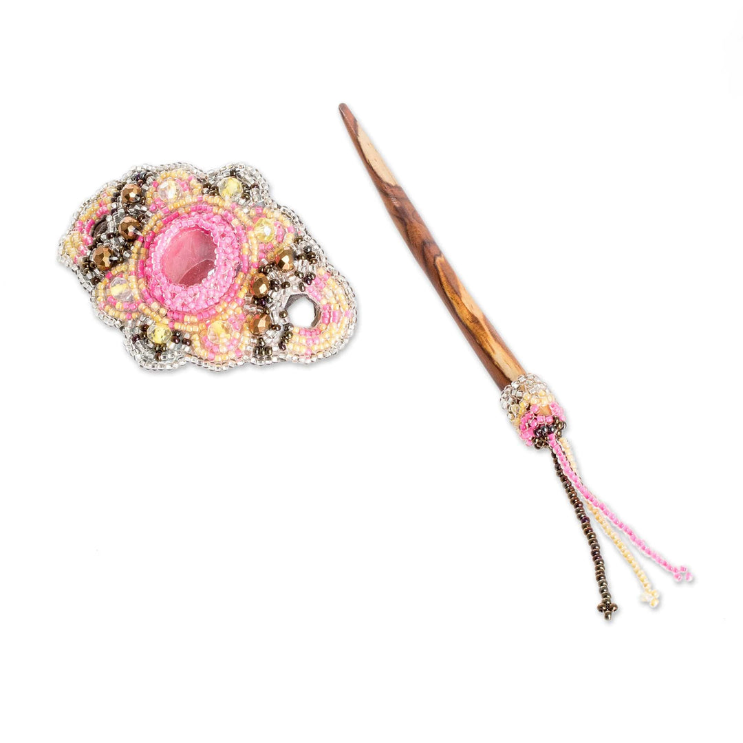 Handcrafted Pink and Yellow Glass Beaded Hairpin - Eden's Pink Beauty