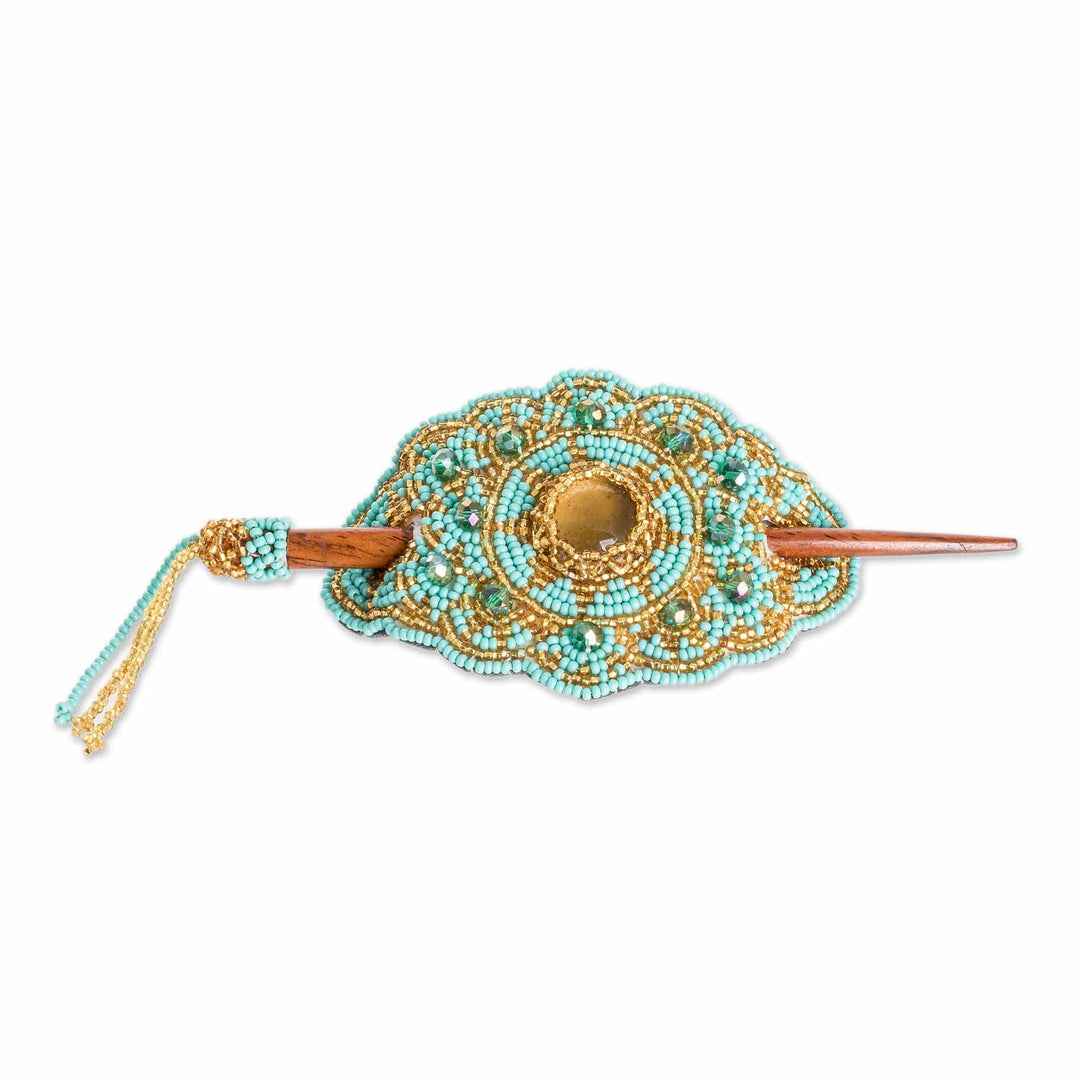 Handcrafted Floral Turquoise and Golden Glass Beaded Hairpin - Paradise Lady in Turquoise