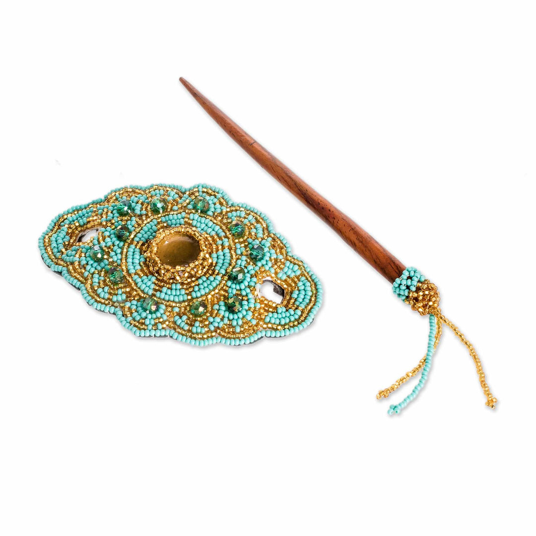 Handcrafted Floral Turquoise and Golden Glass Beaded Hairpin - Paradise Lady in Turquoise