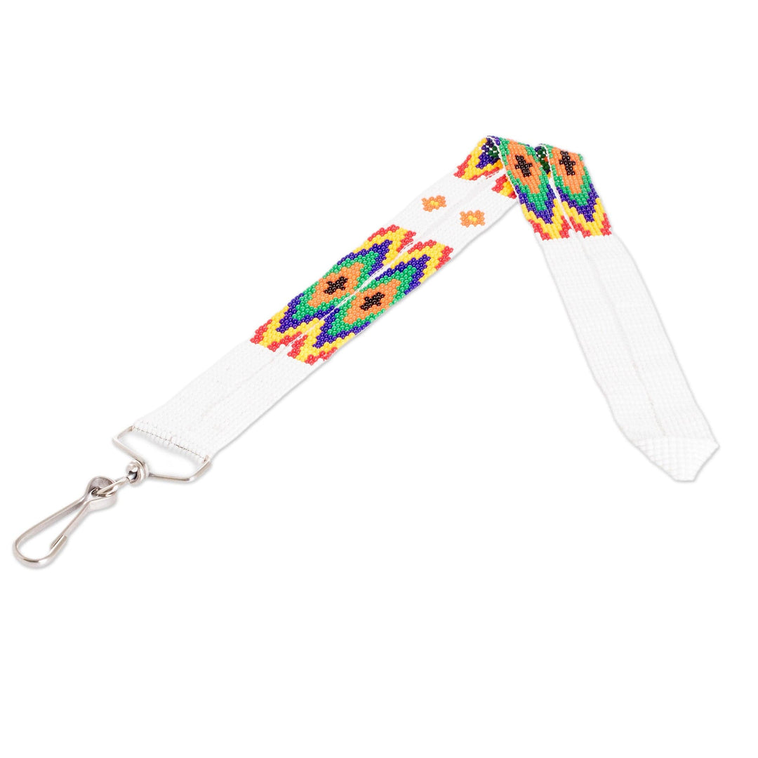 Guatemalan Hand-Beaded Neck Lanyard Keychain Holder in White - Handy and Traditional