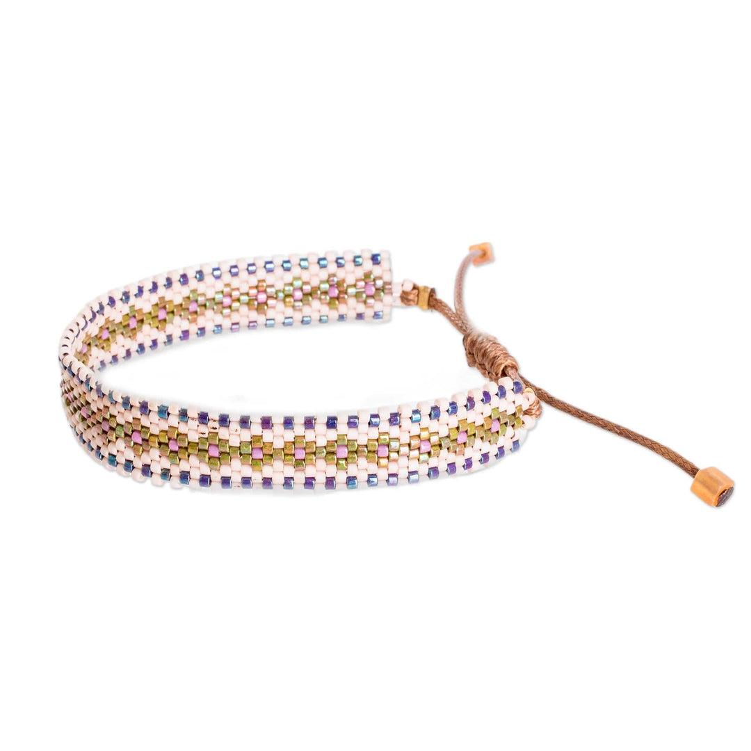 Handmade Ivory and Green Glass Beaded Wristband Bracelet - Chic Ivory