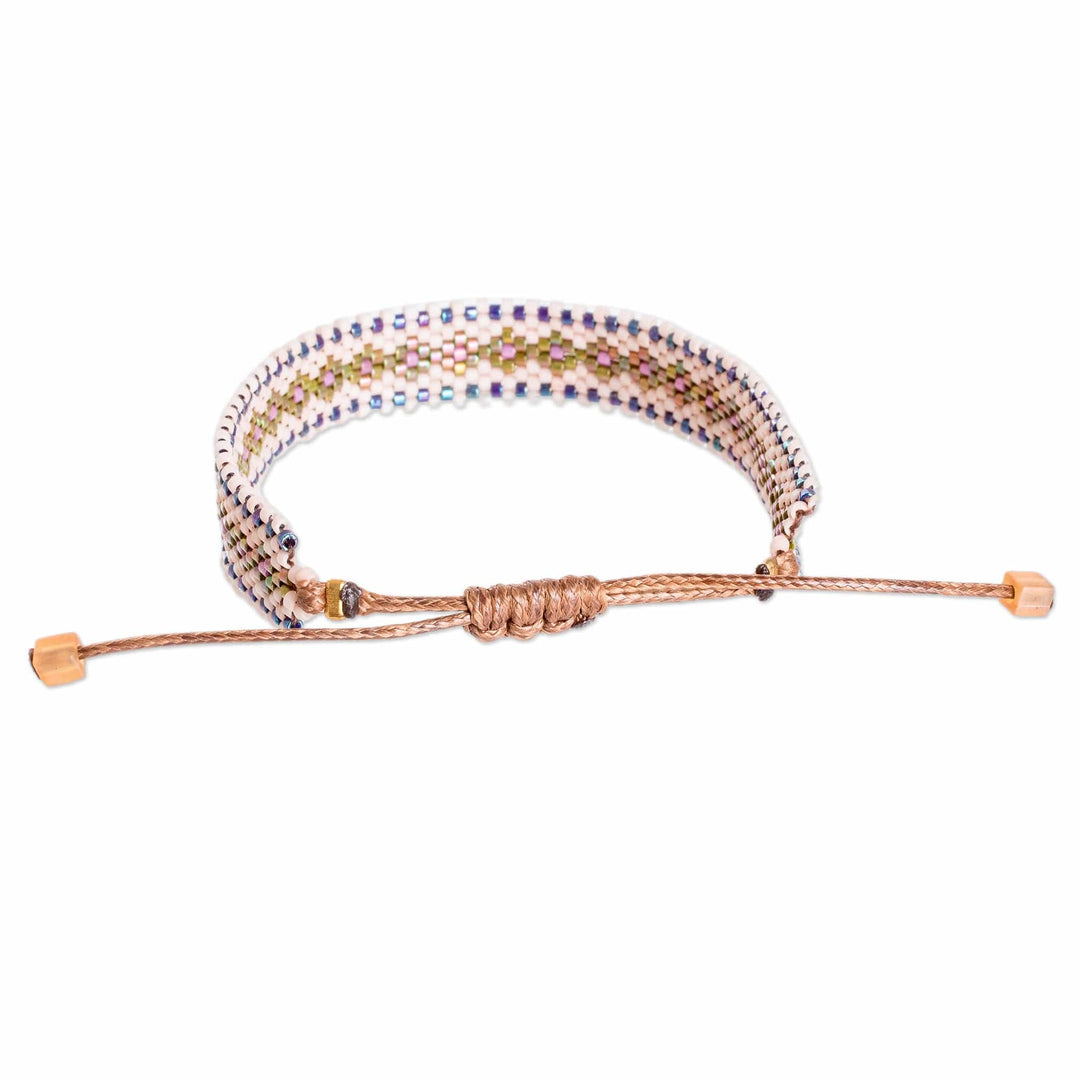 Handmade Ivory and Green Glass Beaded Wristband Bracelet - Chic Ivory