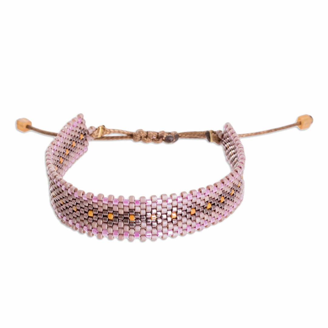 Handmade Lilac and Brown Glass Beaded Wristband Bracelet - Chic Lilac