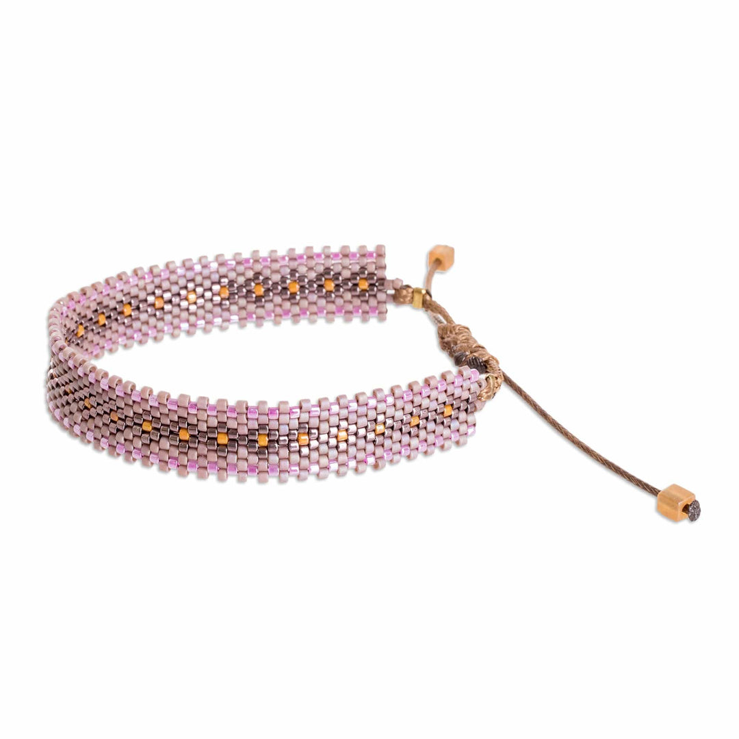 Handmade Lilac and Brown Glass Beaded Wristband Bracelet - Chic Lilac