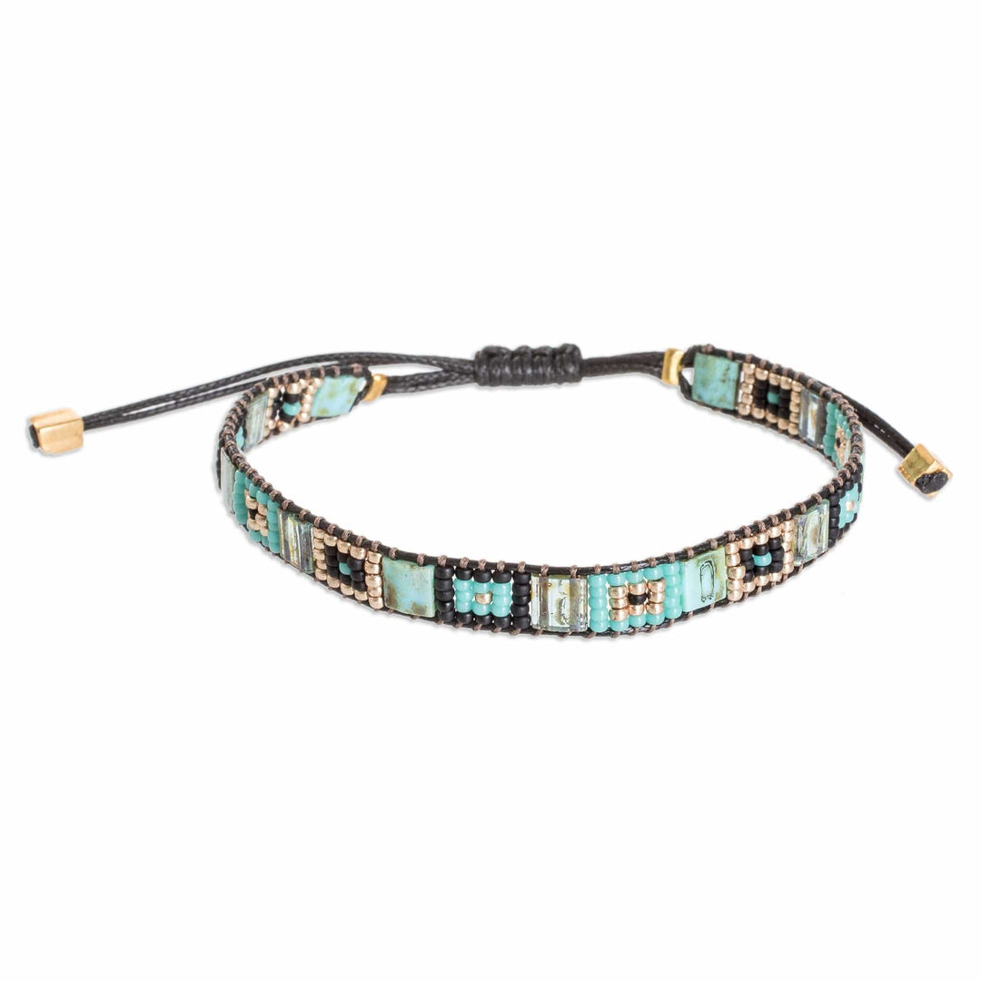 Handmade Aqua and Black Glass Beaded Wristband Bracelet - Geometric Grace