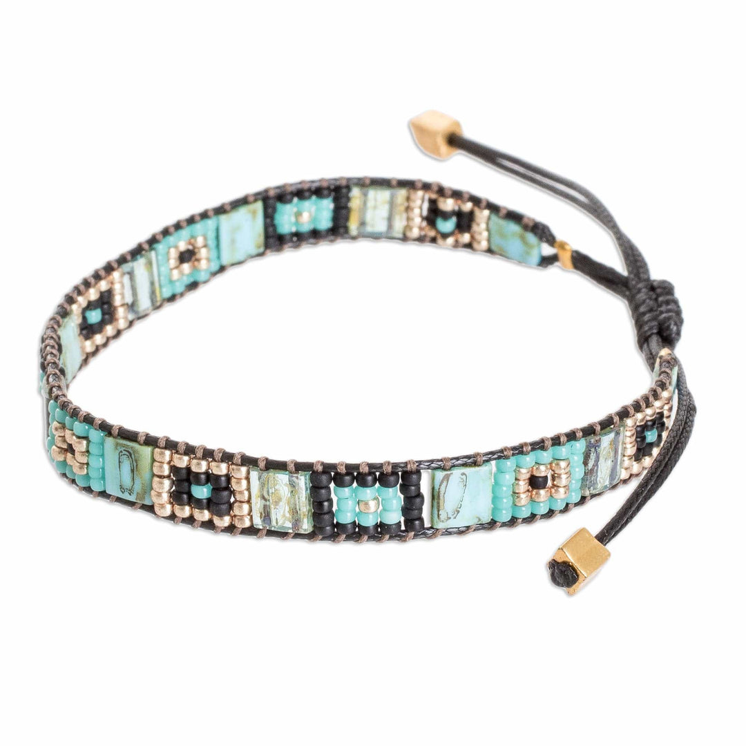 Handmade Aqua and Black Glass Beaded Wristband Bracelet - Geometric Grace