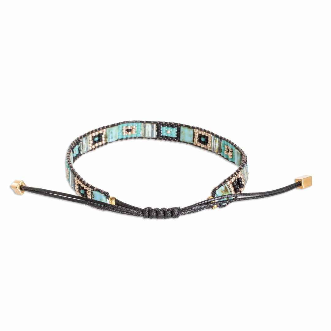 Handmade Aqua and Black Glass Beaded Wristband Bracelet - Geometric Grace