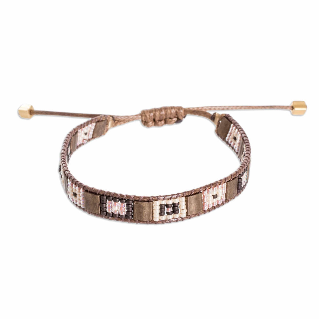 Handmade Brown and Ivory Glass Beaded Wristband Bracelet - Geometric Brilliance