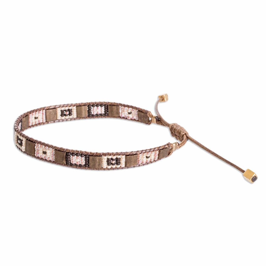 Handmade Brown and Ivory Glass Beaded Wristband Bracelet - Geometric Brilliance