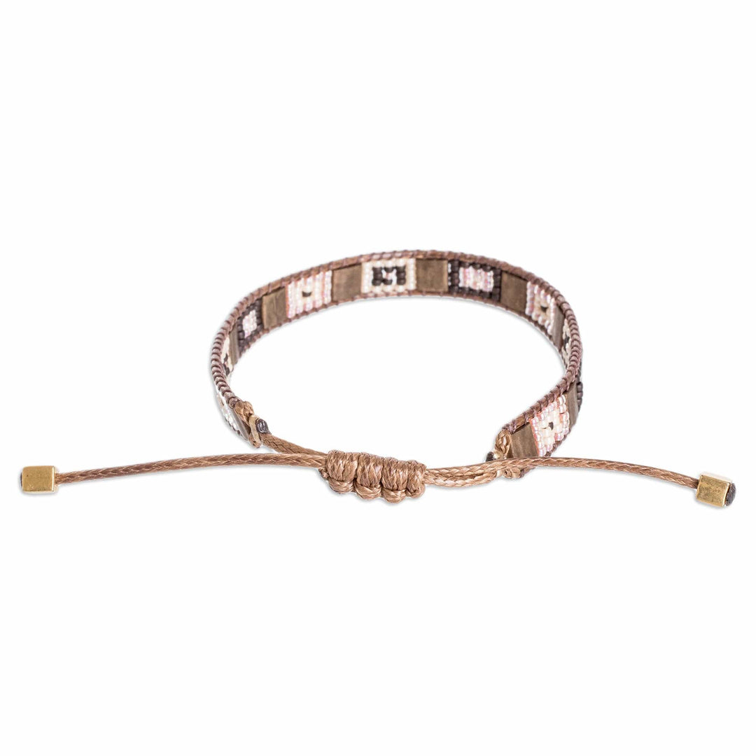 Handmade Brown and Ivory Glass Beaded Wristband Bracelet - Geometric Brilliance