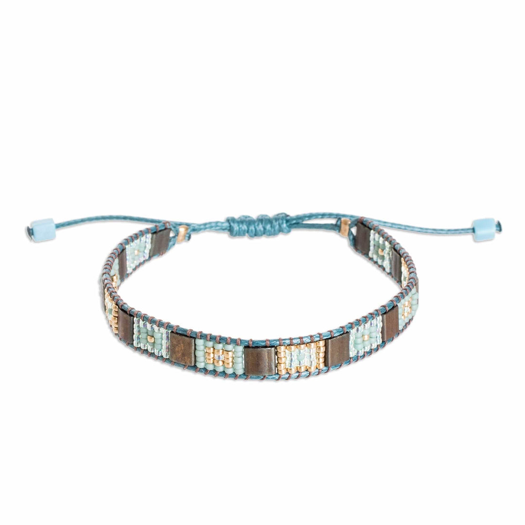 Handmade Aqua and Bronze Glass Beaded Wristband Bracelet - Geometric Sophistication