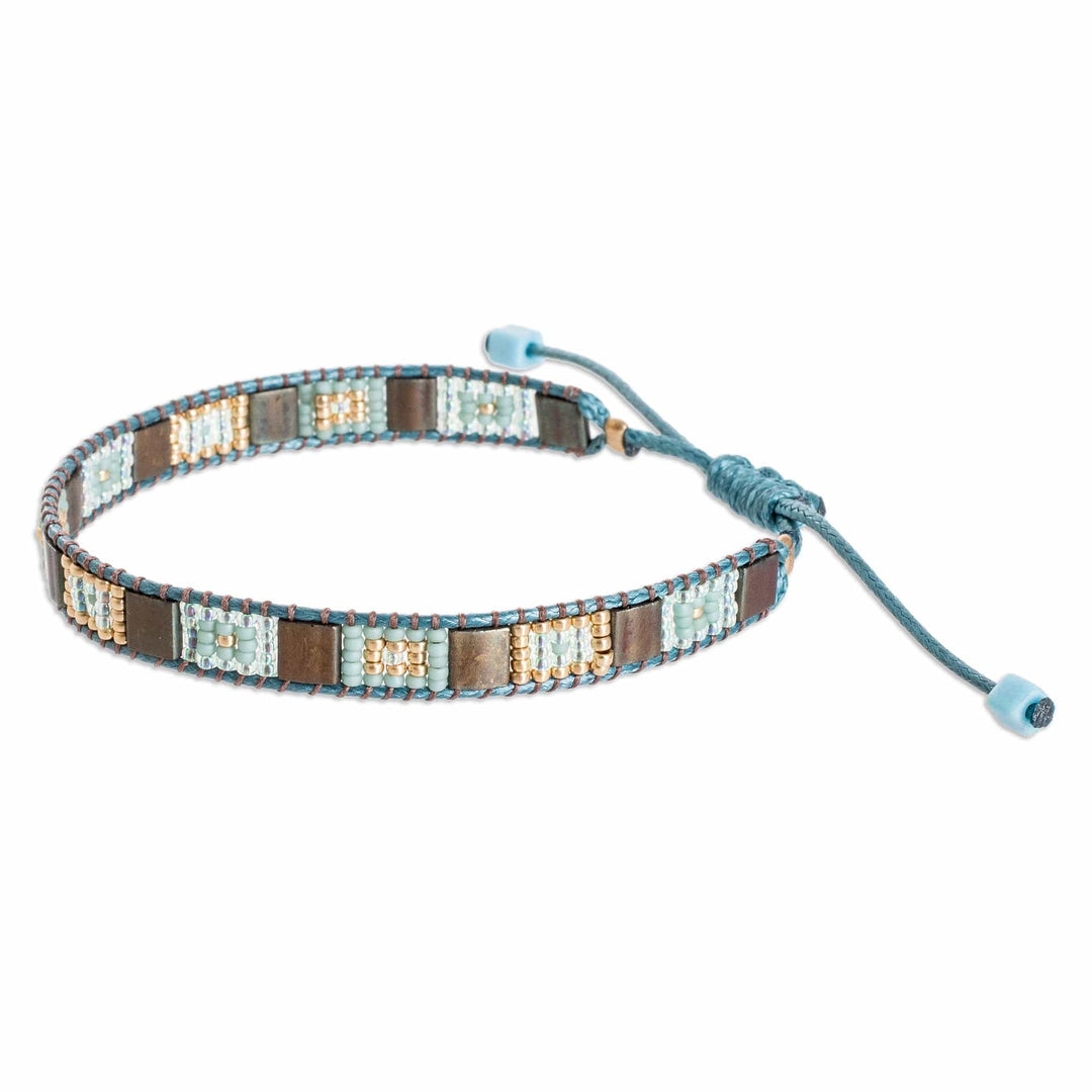 Handmade Aqua and Bronze Glass Beaded Wristband Bracelet - Geometric Sophistication