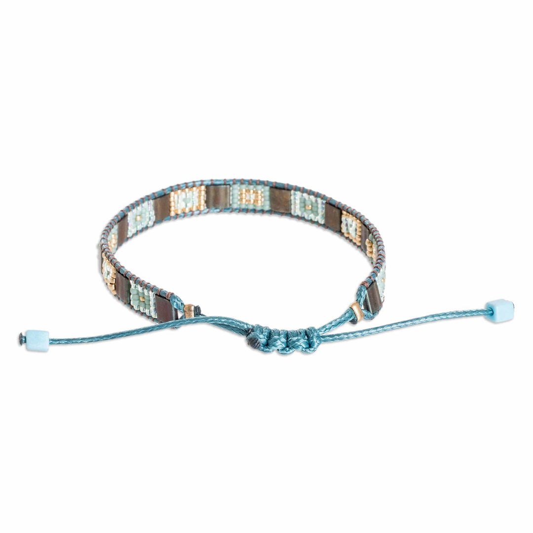 Handmade Aqua and Bronze Glass Beaded Wristband Bracelet - Geometric Sophistication