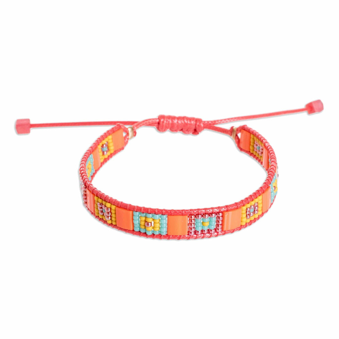 Handmade Orange and Aqua Glass Beaded Wristband Bracelet - Geometric Vibrancy