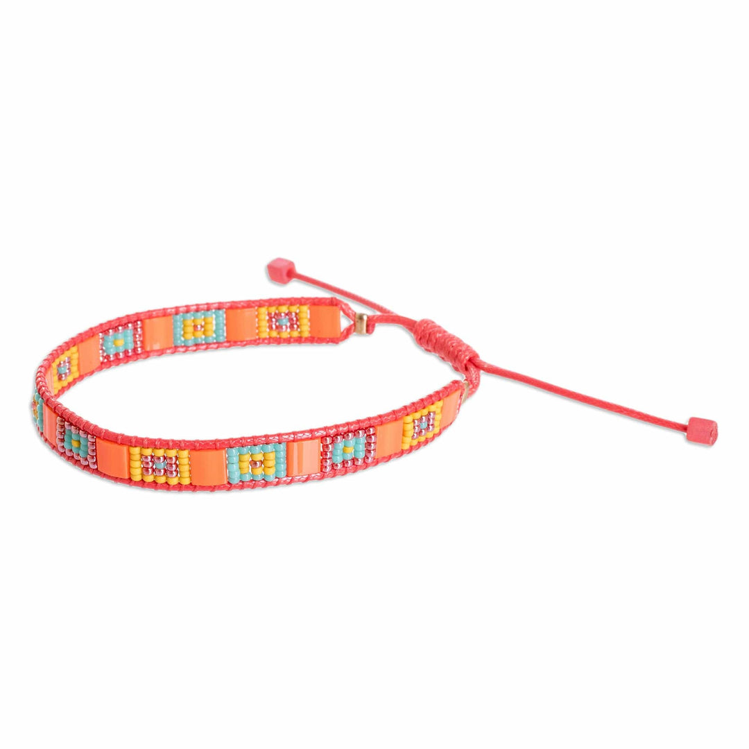 Handmade Orange and Aqua Glass Beaded Wristband Bracelet - Geometric Vibrancy