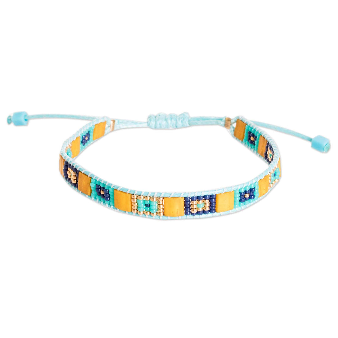 Handmade Light Blue Yellow Glass Beaded Wristband Bracelet - Geometric Harmony