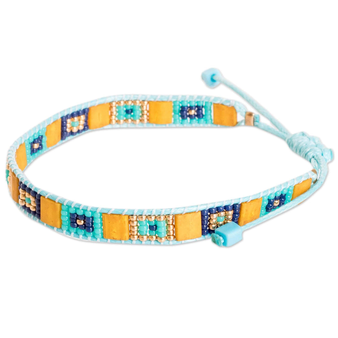 Handmade Light Blue Yellow Glass Beaded Wristband Bracelet - Geometric Harmony