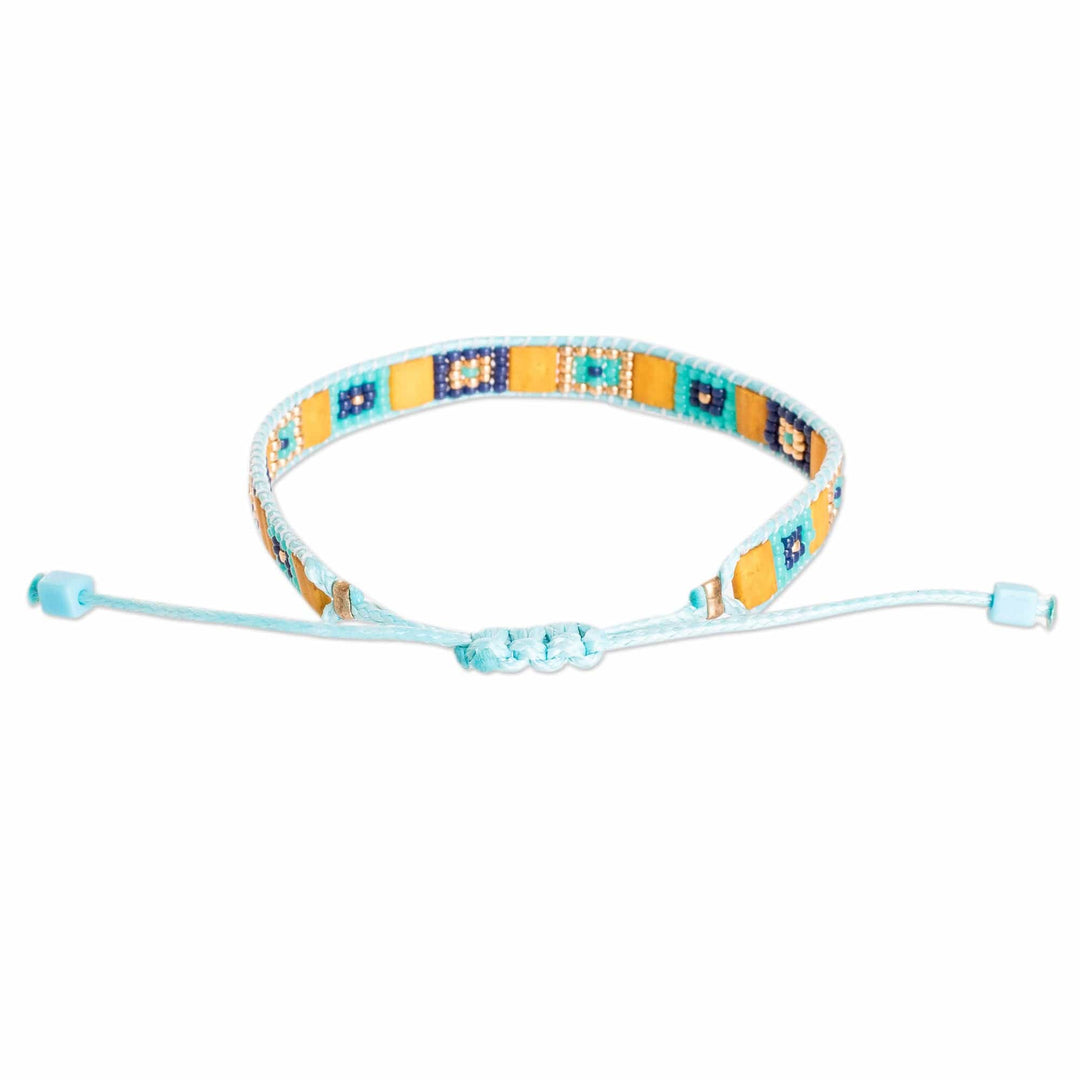 Handmade Light Blue Yellow Glass Beaded Wristband Bracelet - Geometric Harmony