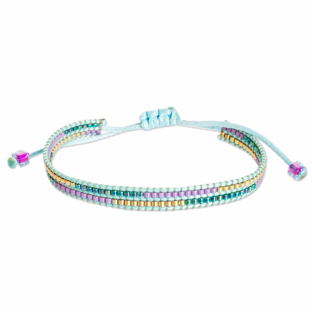 Handmade Glass Beaded Wristband Bracelet with Aqua Cord - Charming Mint