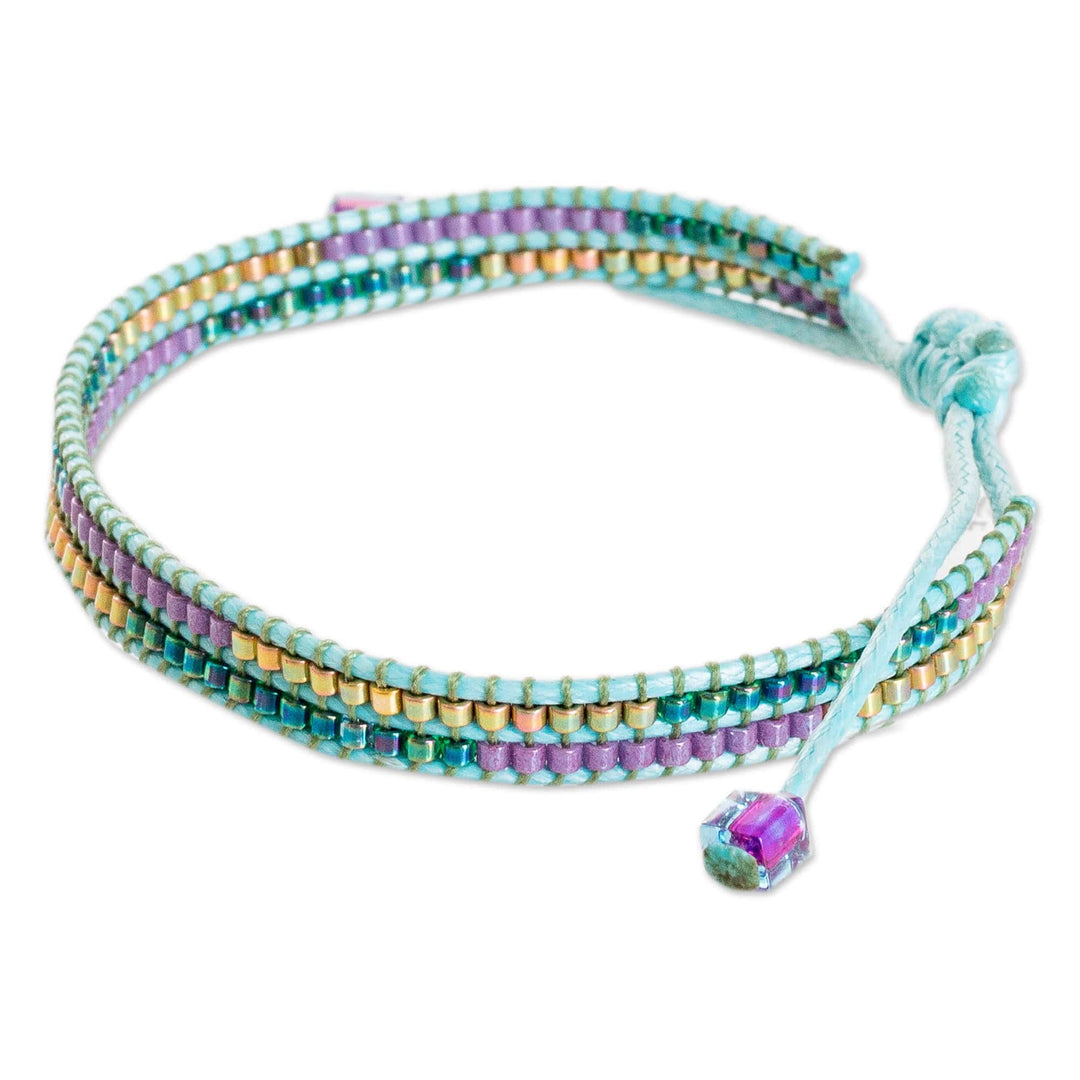 Handmade Glass Beaded Wristband Bracelet with Aqua Cord - Charming Mint