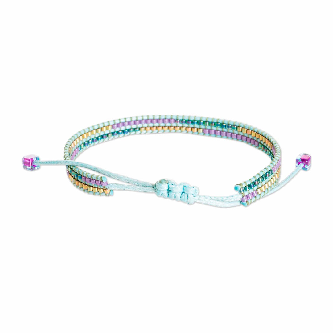 Handmade Glass Beaded Wristband Bracelet with Aqua Cord - Charming Mint