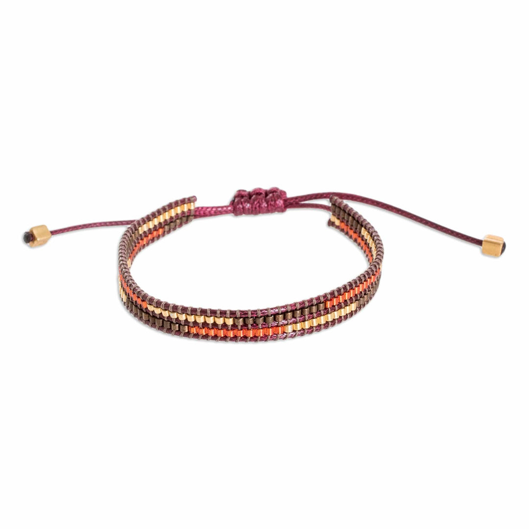 Handmade Glass Beaded Wristband Bracelet with Burgundy Cord - Charming Brown