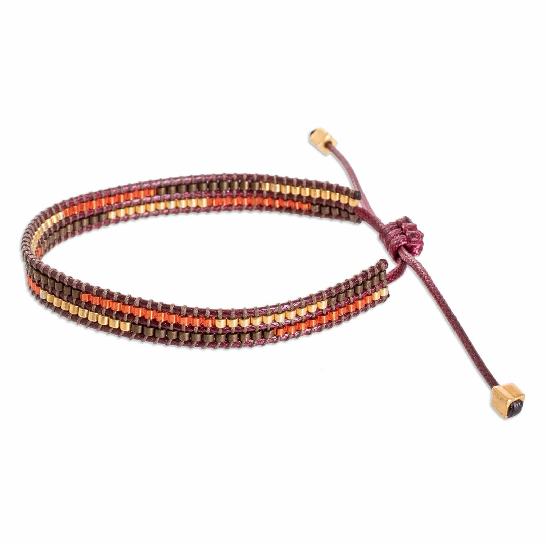 Handmade Glass Beaded Wristband Bracelet with Burgundy Cord - Charming Brown