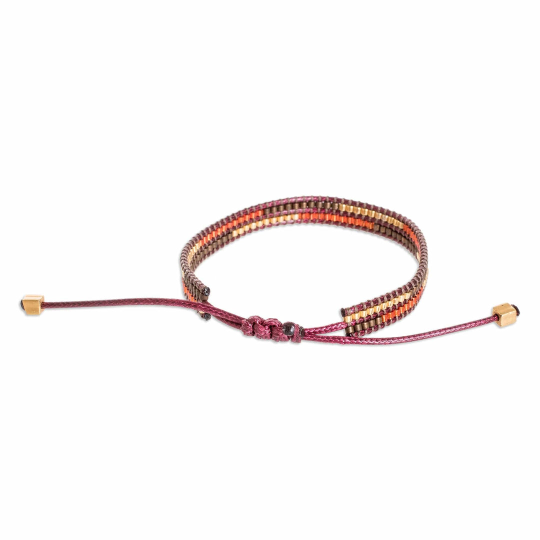 Handmade Glass Beaded Wristband Bracelet with Burgundy Cord - Charming Brown