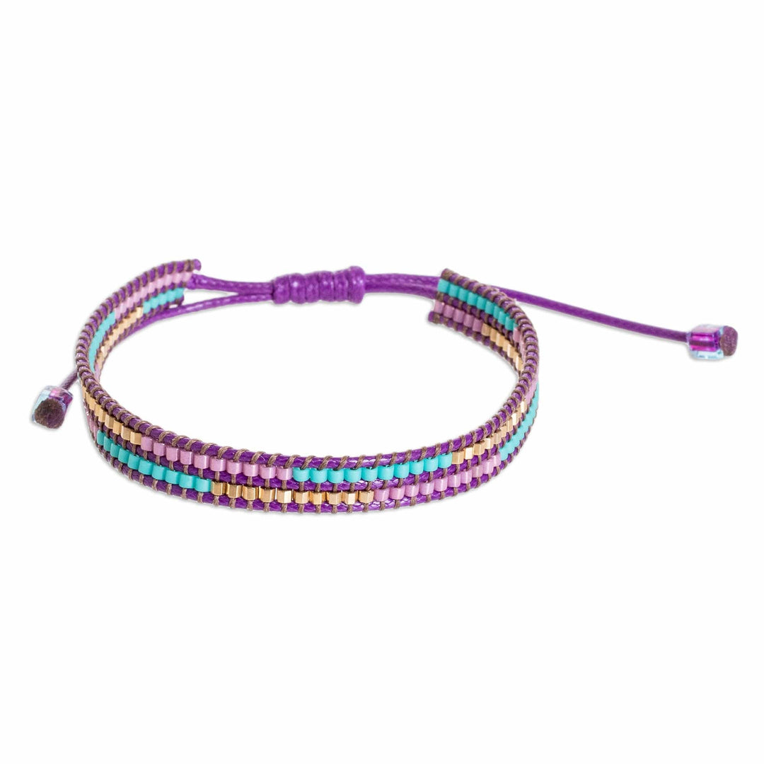 Adjustable Purple Glass Beaded Wristband Bracelet - Charming Purple