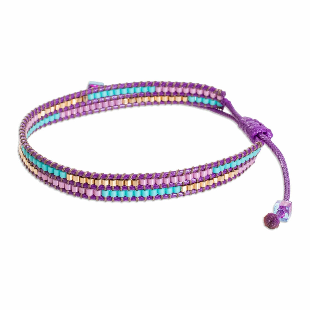 Adjustable Purple Glass Beaded Wristband Bracelet - Charming Purple