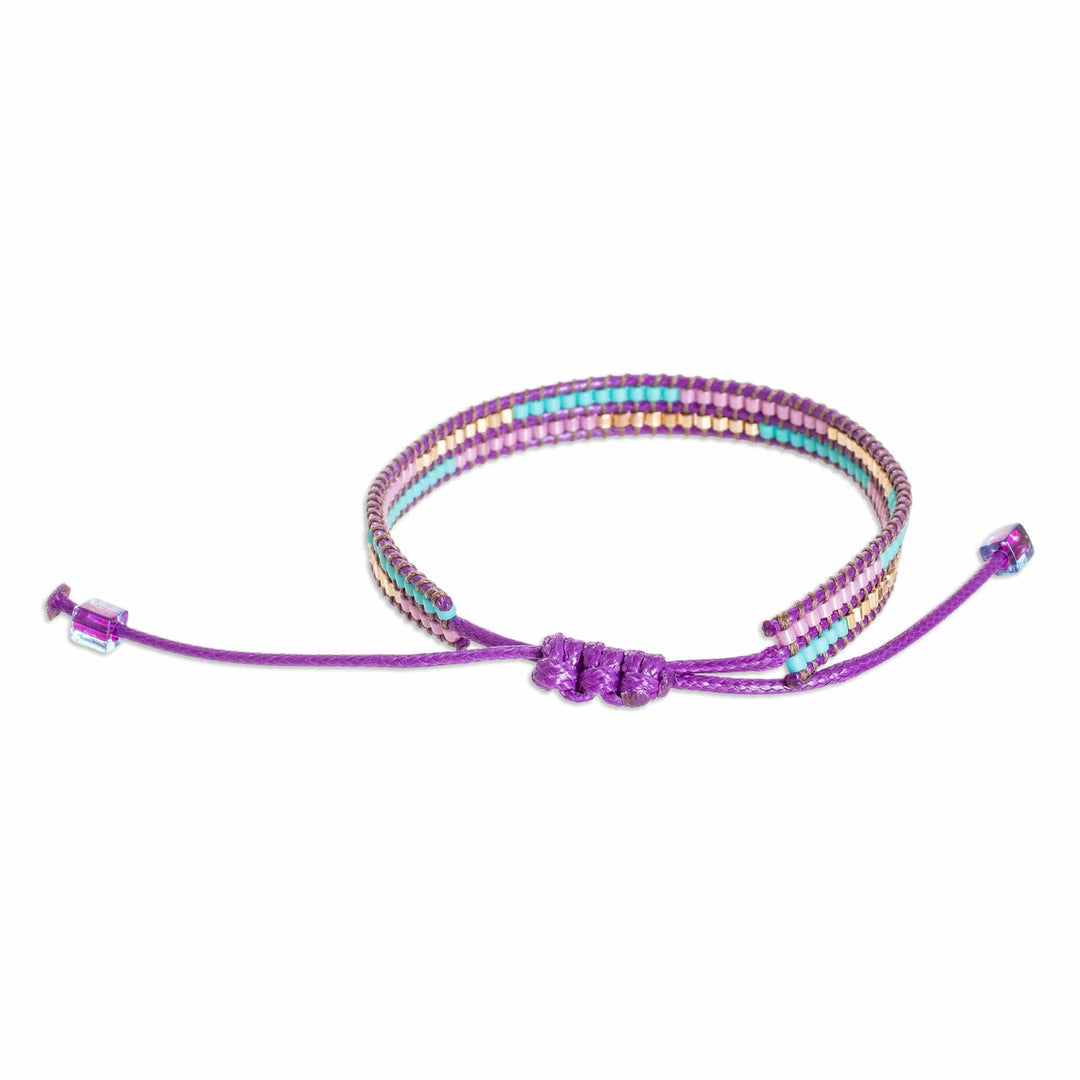Adjustable Purple Glass Beaded Wristband Bracelet - Charming Purple