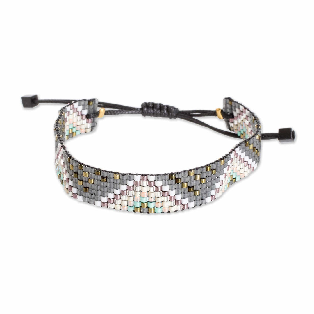 Handcrafted Geometric Grey Glass Beaded Wristband Bracelet - Celestial Pyramids