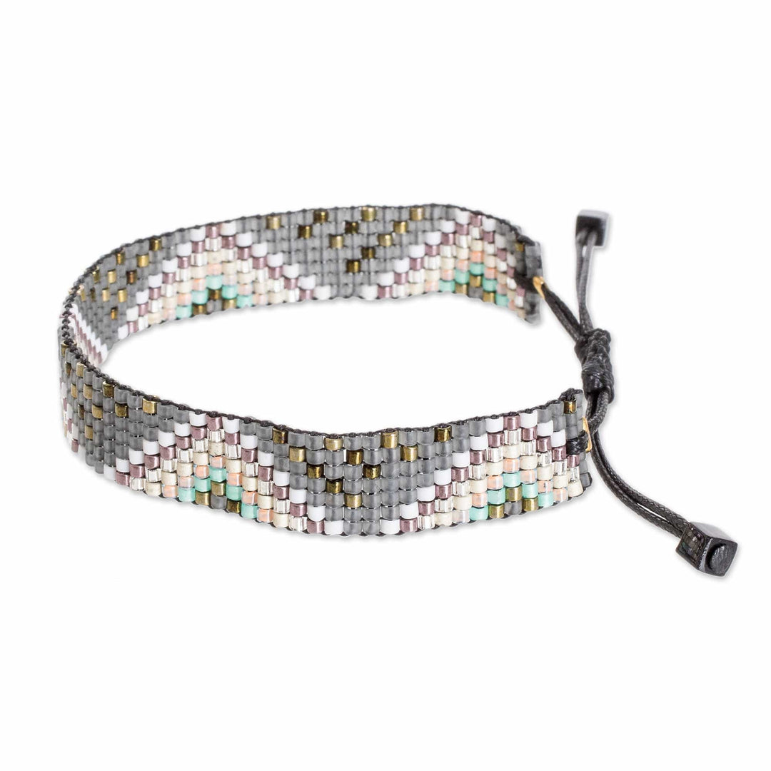 Handcrafted Geometric Grey Glass Beaded Wristband Bracelet - Celestial Pyramids