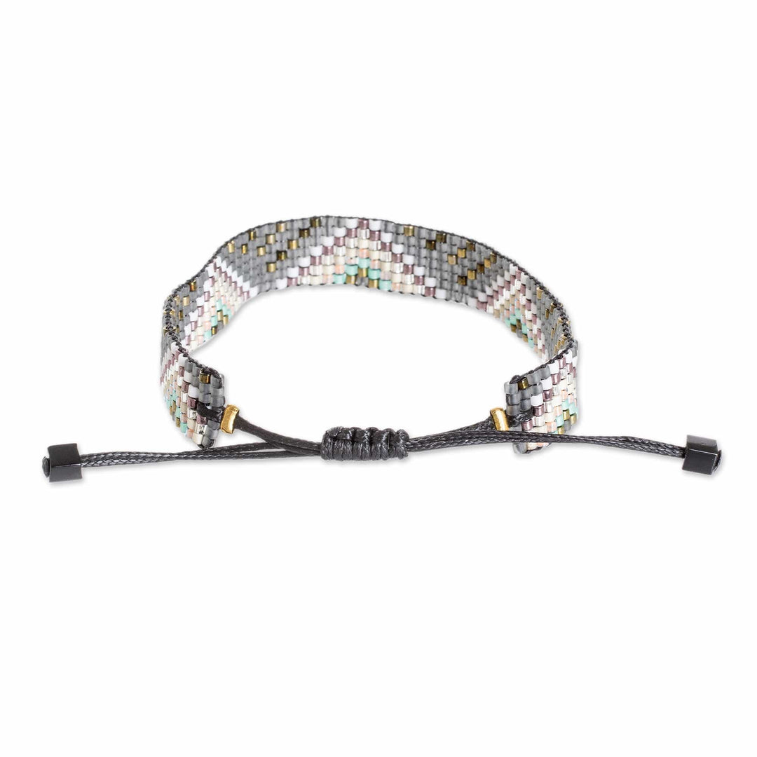 Handcrafted Geometric Grey Glass Beaded Wristband Bracelet - Celestial Pyramids