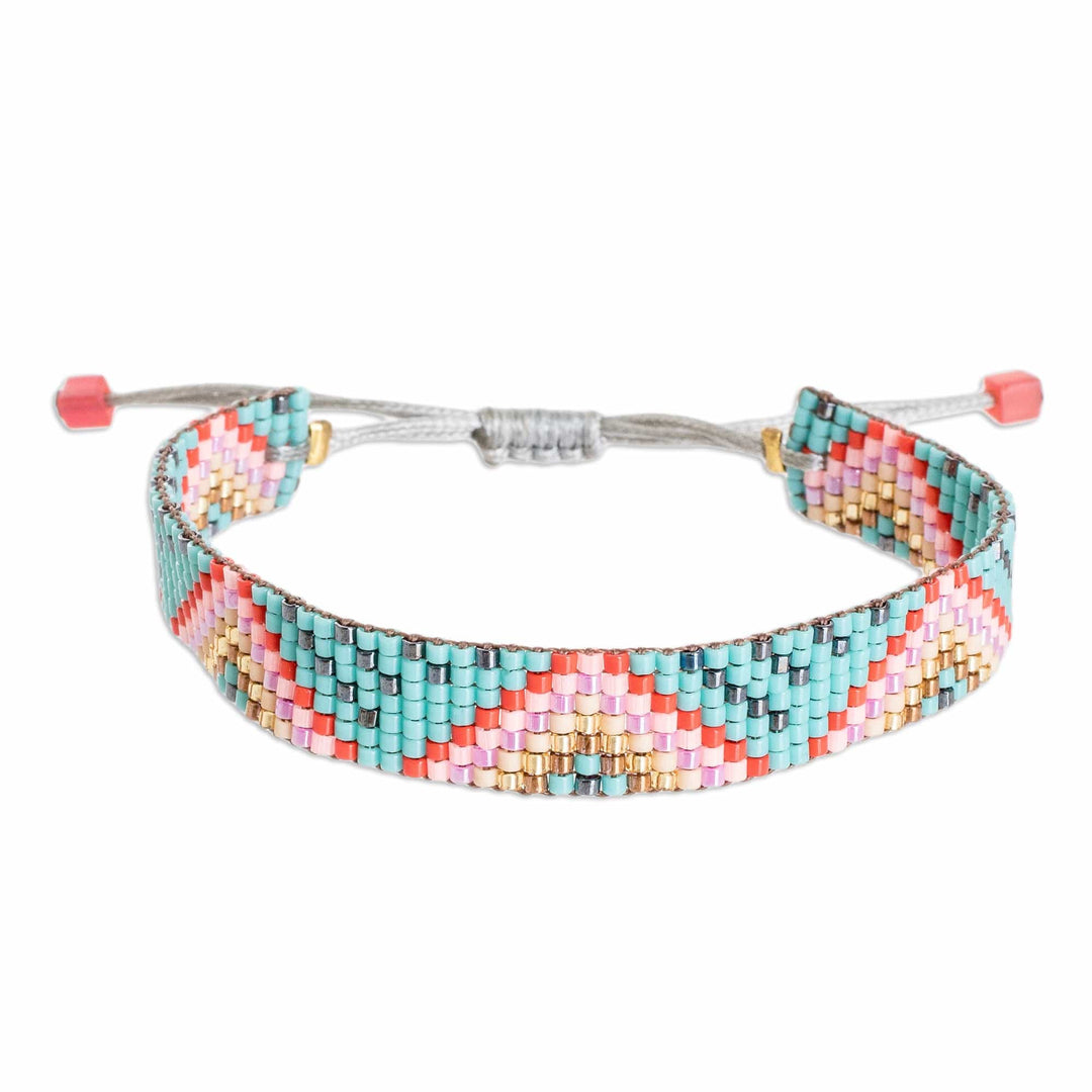Geometric Turquoise and Pink Glass Beaded Wristband Bracelet - Luminous Pyramids