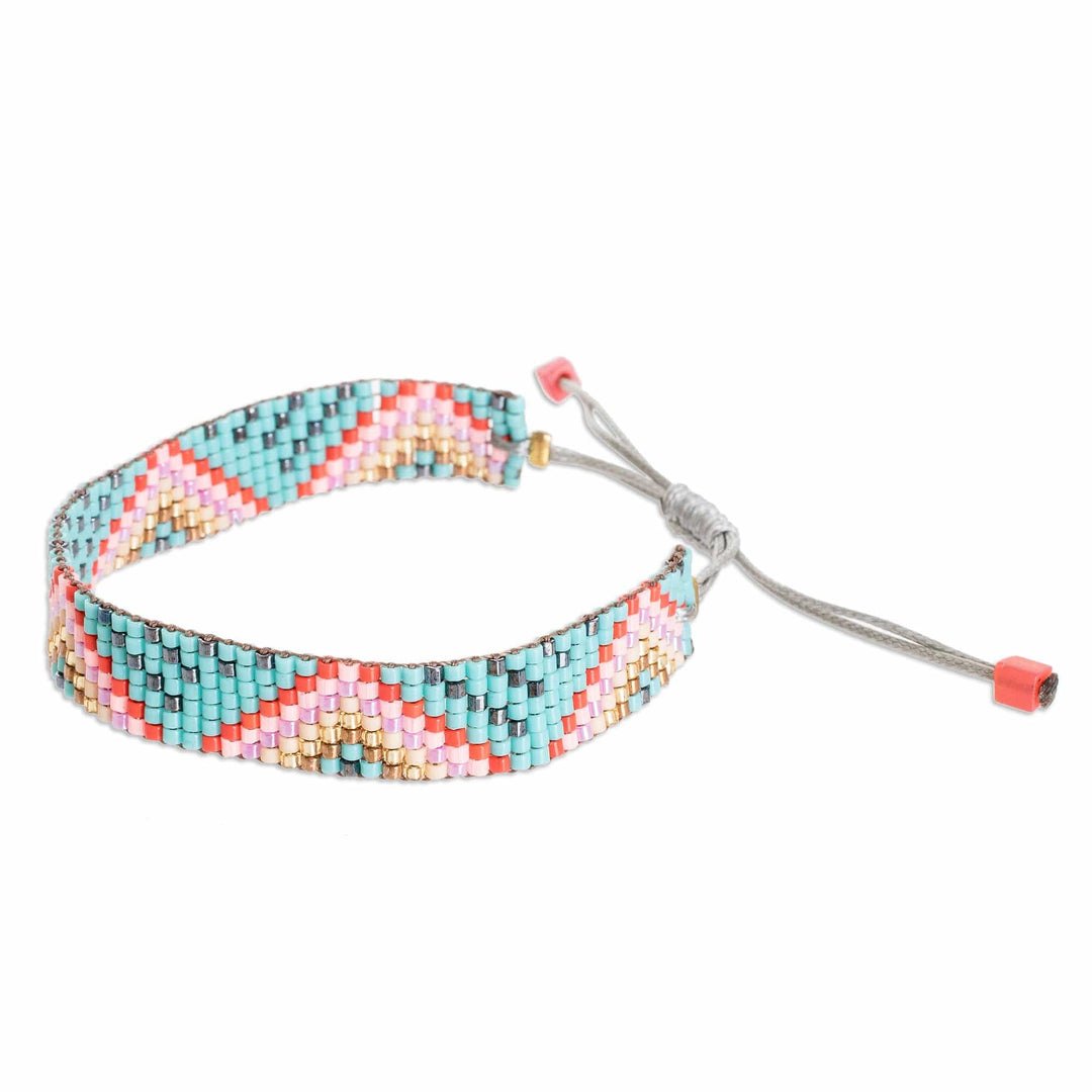 Geometric Turquoise and Pink Glass Beaded Wristband Bracelet - Luminous Pyramids