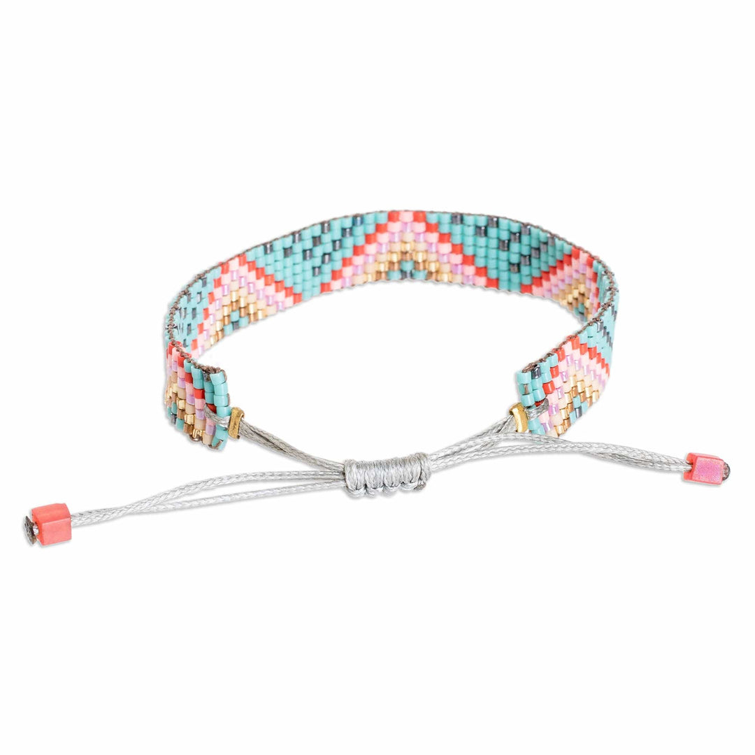Geometric Turquoise and Pink Glass Beaded Wristband Bracelet - Luminous Pyramids