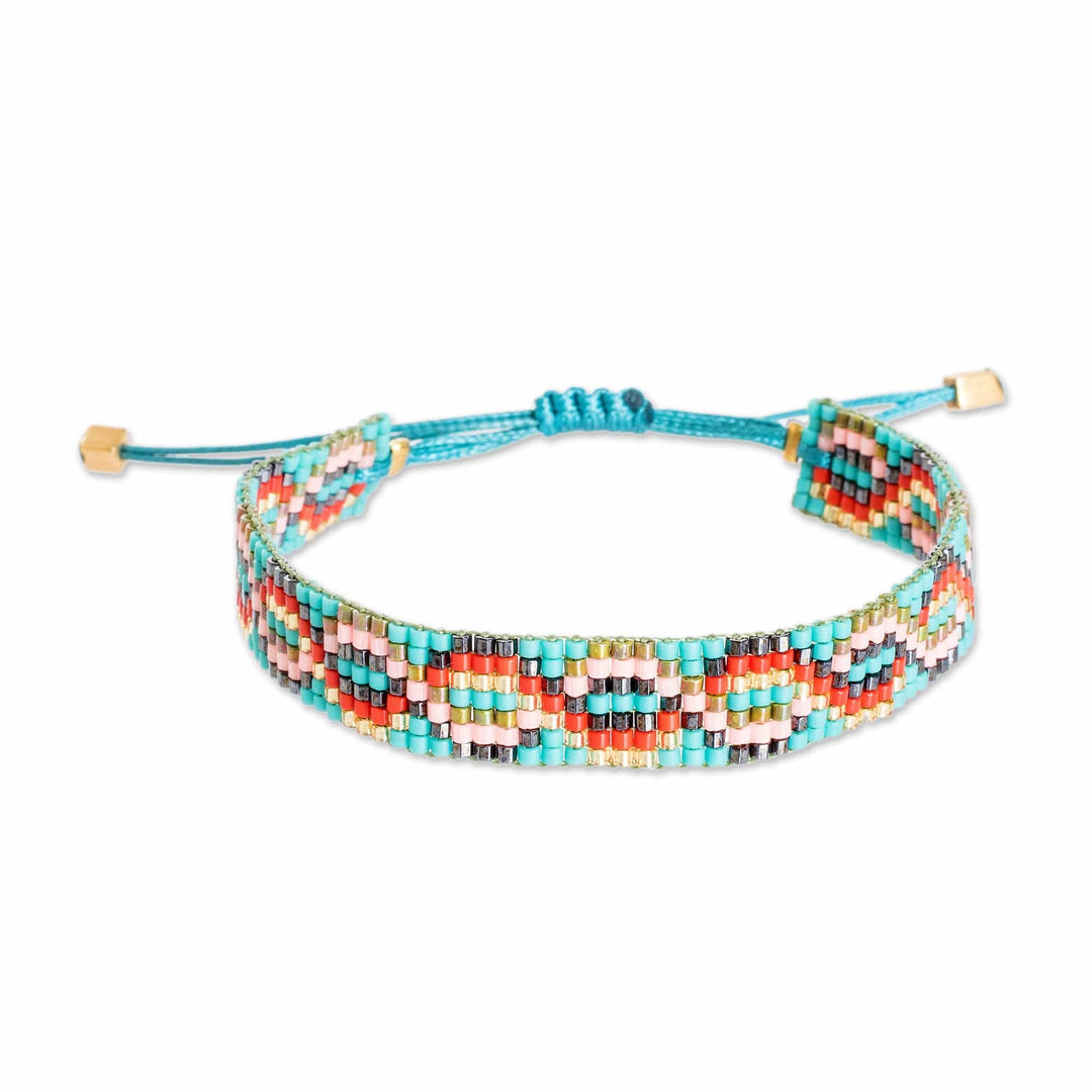 Handmade Patterned Turquoise Glass Beaded Wristband Bracelet - Lagoon Bonds