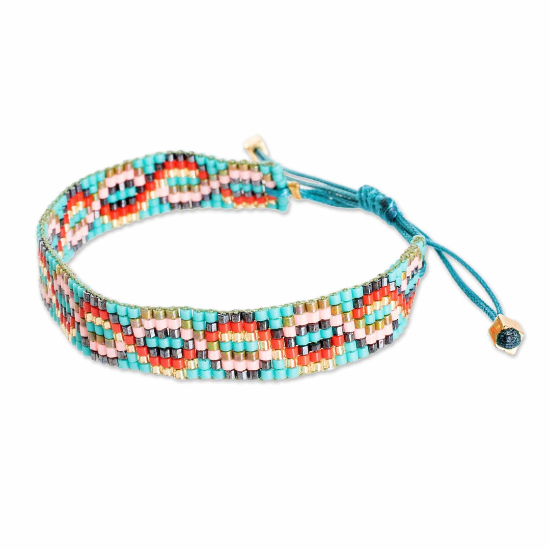 Handmade Patterned Turquoise Glass Beaded Wristband Bracelet - Lagoon Bonds