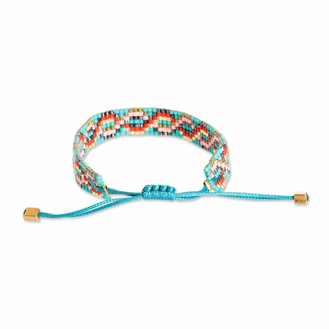 Handmade Patterned Turquoise Glass Beaded Wristband Bracelet - Lagoon Bonds
