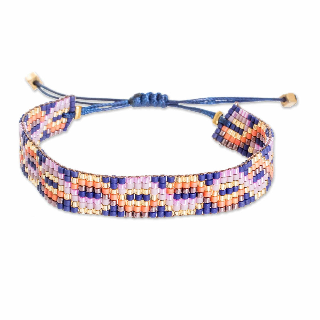 Handmade Patterned Blue Glass Beaded Wristband Bracelet - Dulcet Bonds
