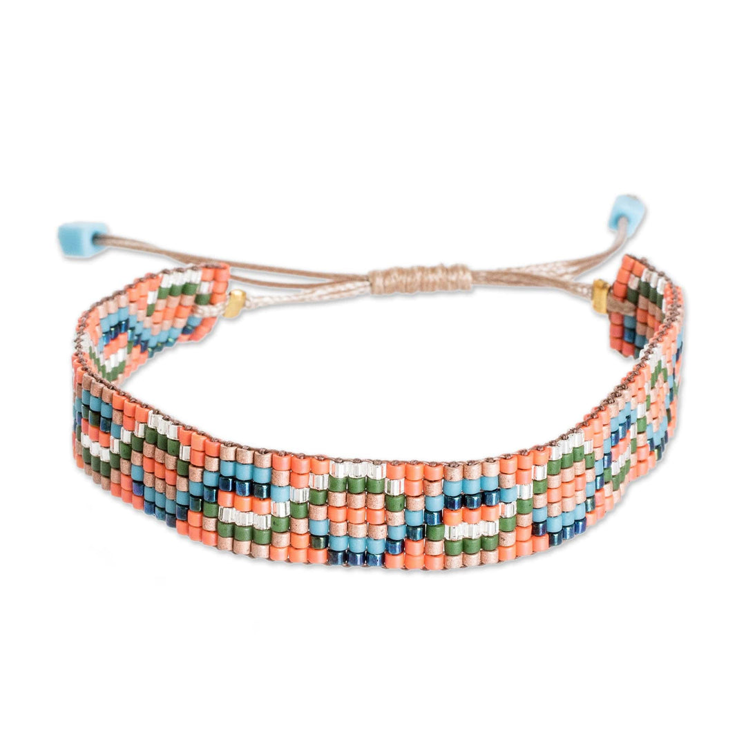 Handmade Patterned Orange Glass Beaded Wristband Bracelet - Tropical Bonds
