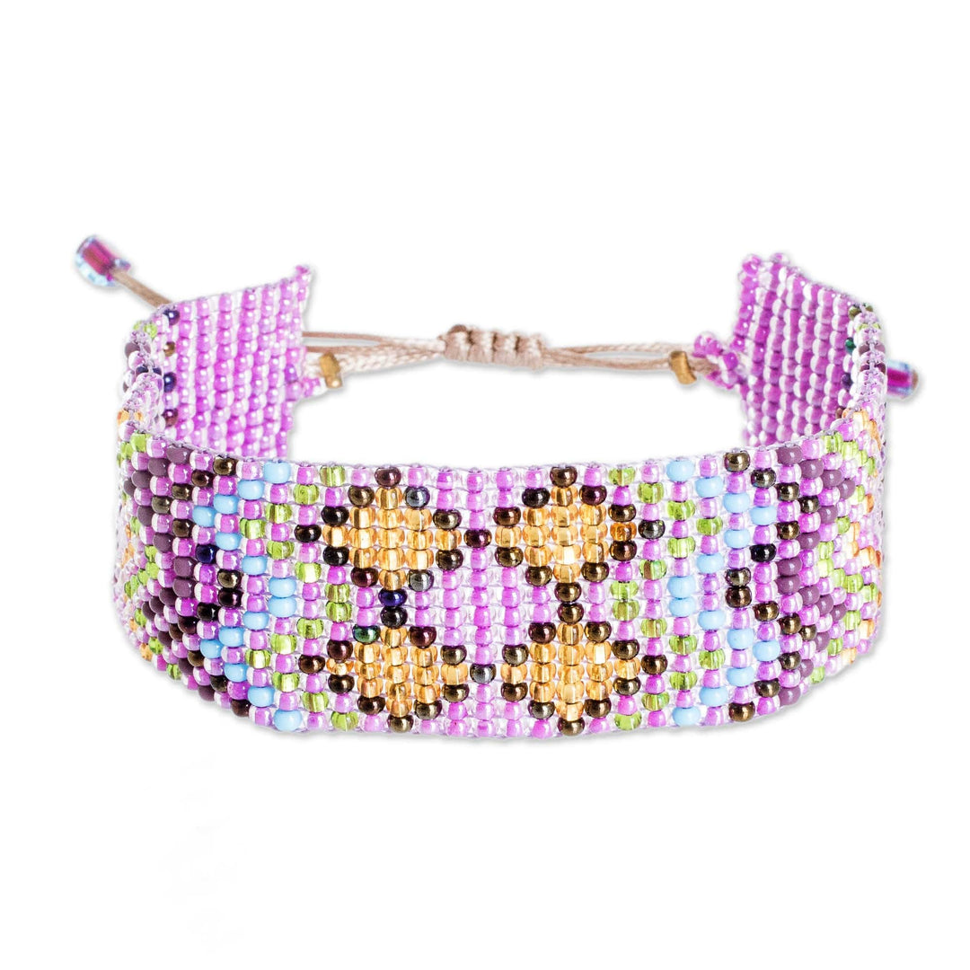 Pink and Golden Geometric Glass Beaded Wristband Bracelet - Dulcet Geometry