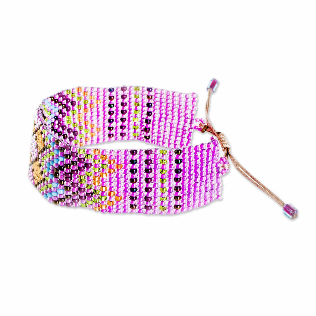 Pink and Golden Geometric Glass Beaded Wristband Bracelet - Dulcet Geometry