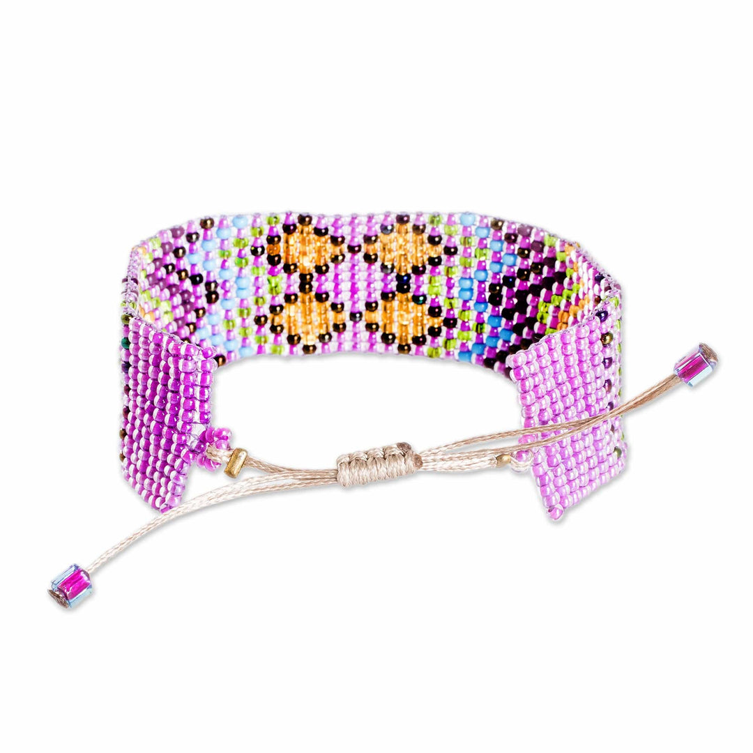 Pink and Golden Geometric Glass Beaded Wristband Bracelet - Dulcet Geometry